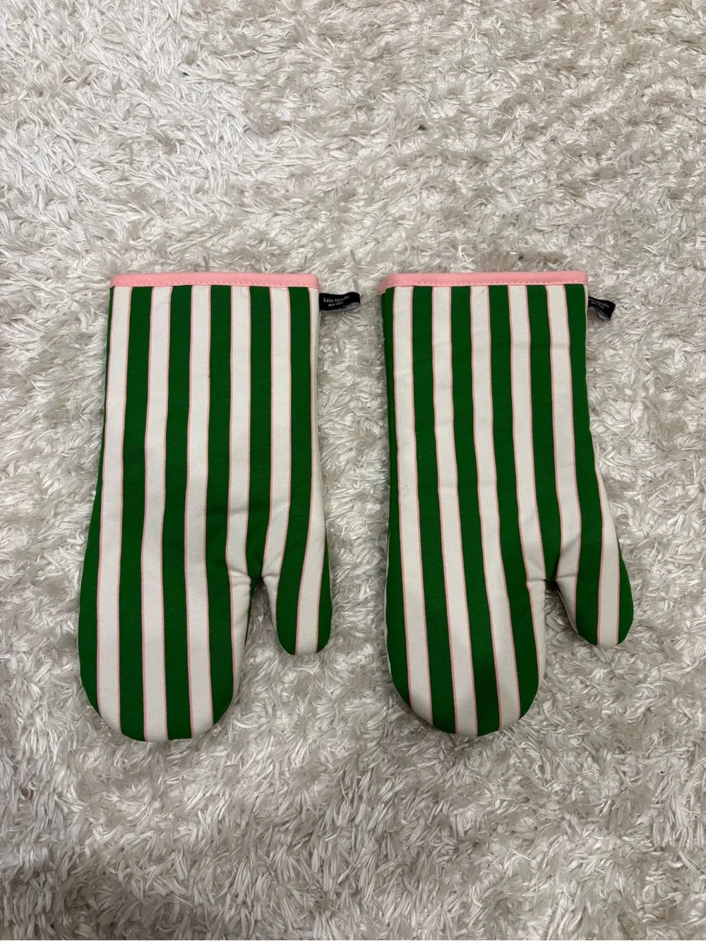 kate spade green, white & pink striped oven mitt and pot holder set